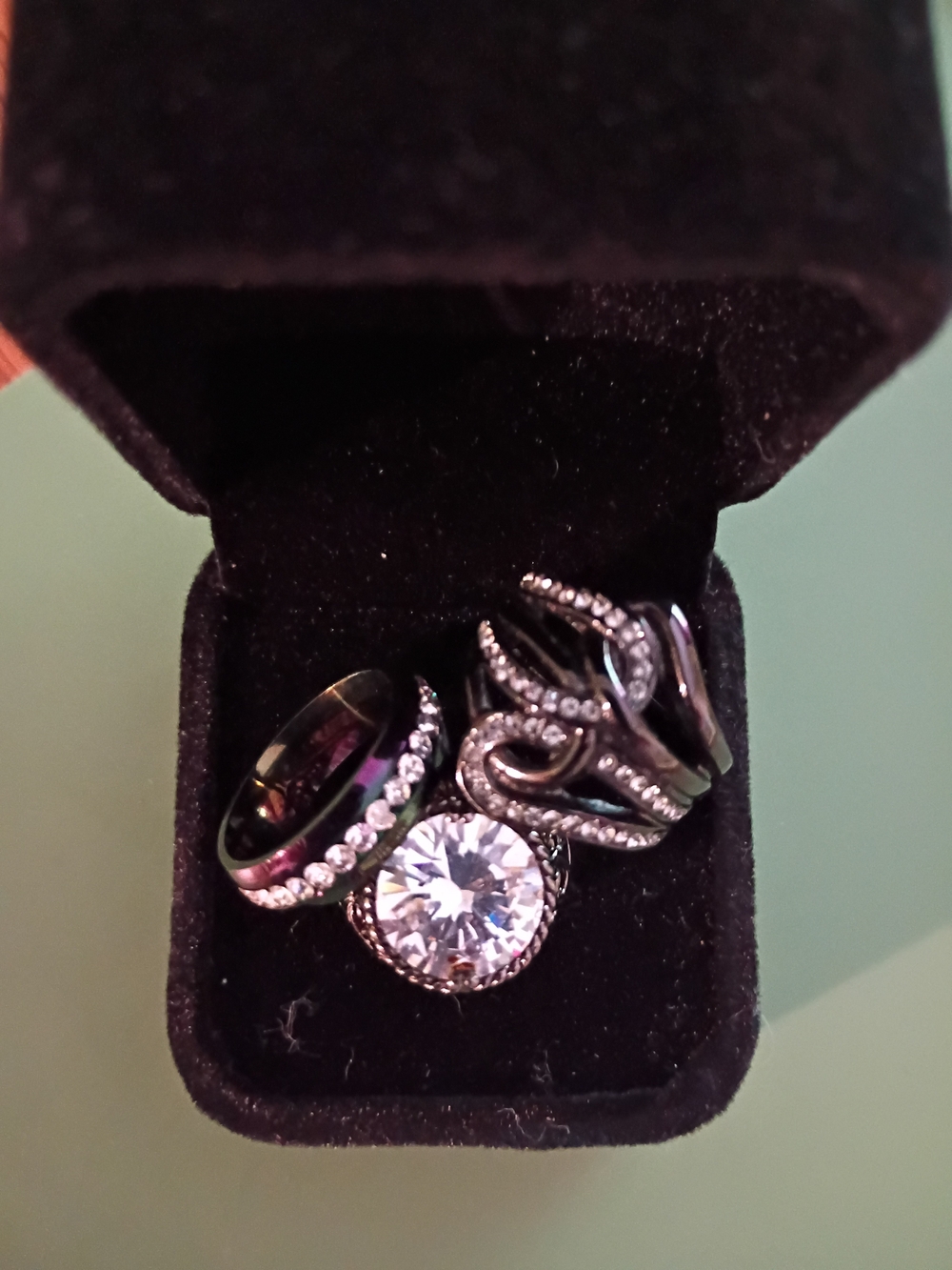 3 Unique Statement Rings Black Gunmetal White CZs sz 7 Royalty Eternity Swirly!